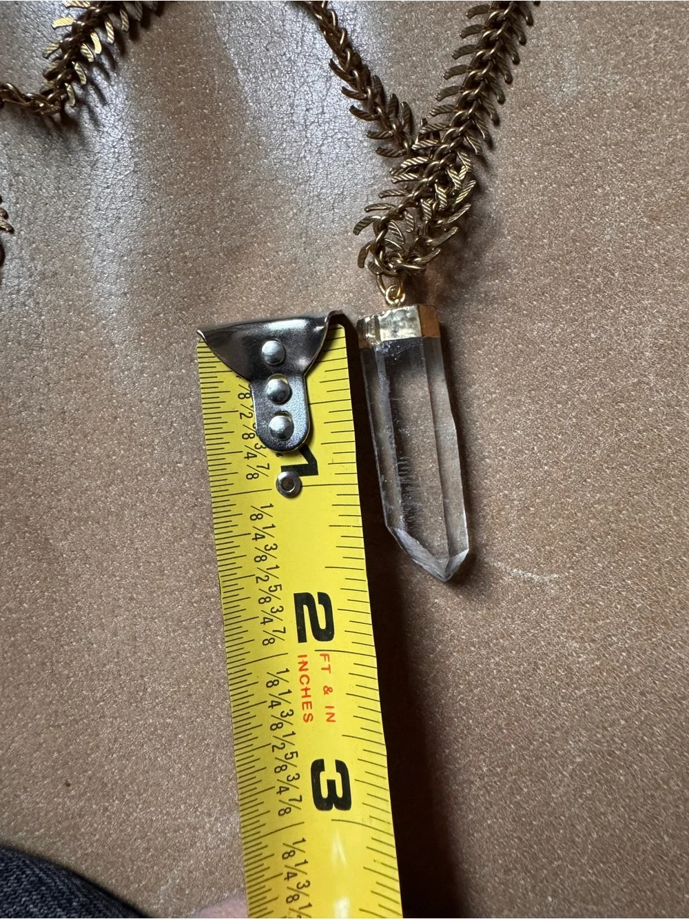 Crystal Quartz pendant necklace gold brass Fishbone chain